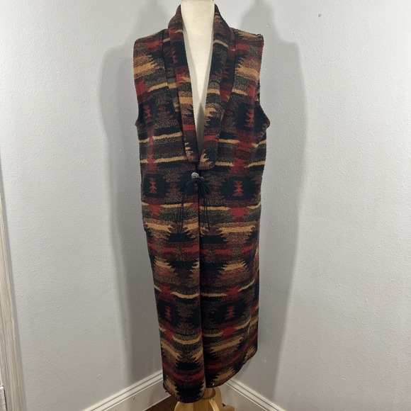 Vtg Bear Ridge Duster Womens L LongLine Shawl Aztec Southwestern Western USA - Picture 1 of 12